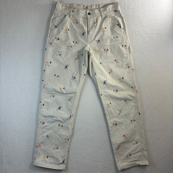 Wallace & Barnes Other - Wallace Barnes Carpenter Pants Men 33x32 Beige Sailboat AOP Double Knee J Crew